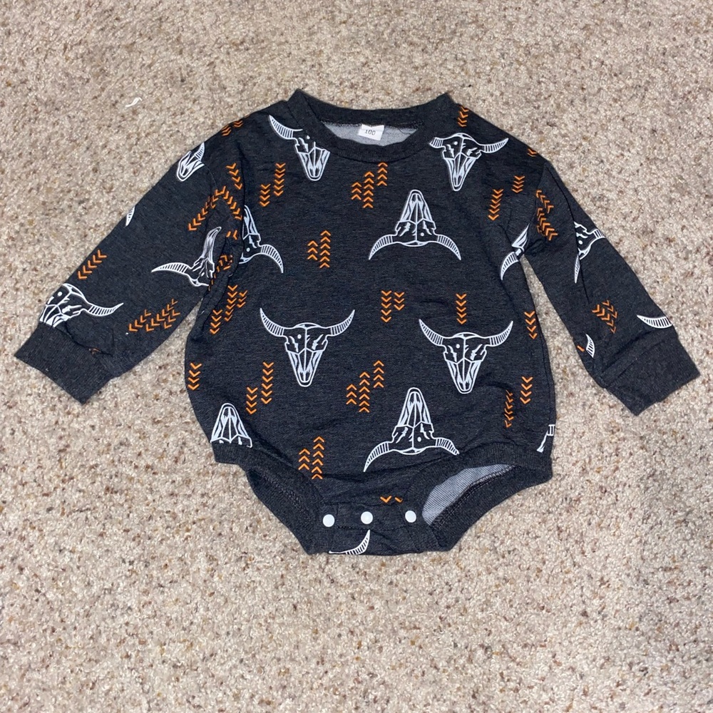 Baby Boys Fall Romper, Long Sleeve Round Neck Bull Head Print One-Piece Bodysuit